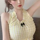Halter-neck Plaid Top / Mini A-line Pleated Skirt