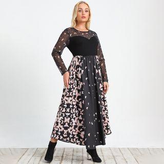 Long-sleeve Butterfly Print Panel Midi A-line Dress