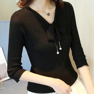 Bow Accent 3/4 Sleeve Knit Top