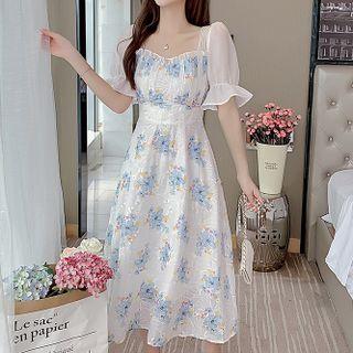 Floral Print Square-neck Ruffle Trim Chiffon Dress