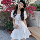 Puff-sleeve Square Neck Drawstring Mini A-line Dress