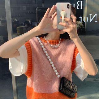 Contrast Trim Knit Sweater Vest Tangerine& White - One Size