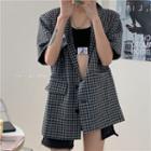 Elbow-sleeve Open-collar Check Shirt Gingham - Black & Gray - One Size