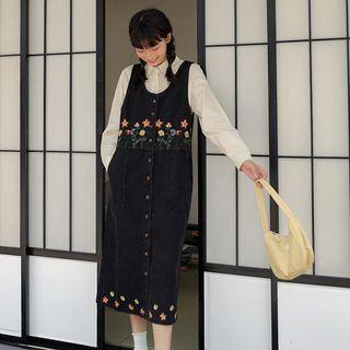 Flower Embroidered Denim Midi Sheath Overall Dress