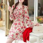 Tie-neck Ruffle-layered Rosette Dress