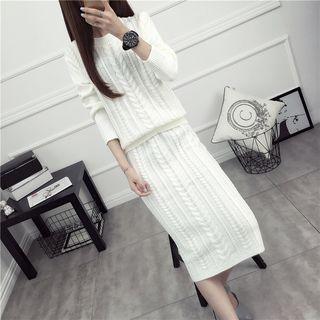 Set: Cable-knit Sweater + Knit Midi Skirt