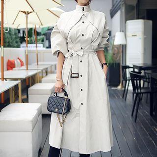 Single-breasted Lantern-sleeve Midi Trench Coat