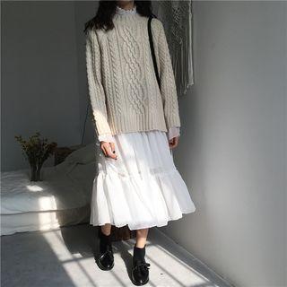 Mock Neck Long Sleeve Tiered Midi Dress