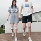 Couple Matching Printed Short-sleeve T-shirt / Mesh Panel Short-sleeve Midi A-line Dress