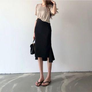 High Waist Asymmetrical Hem Slit Pencil Skirt