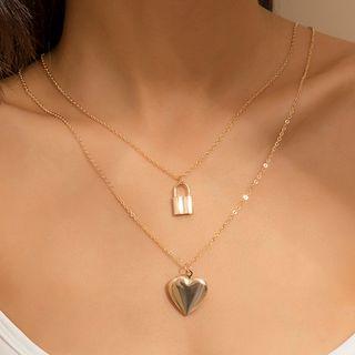 Heart & Lock Pendant Layered Alloy Necklace