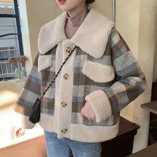 Plaid Button-up Jacket Beige & Gray - One Size