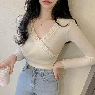 Long-sleeve Ruffle V-neck T-shirt