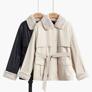 Fluffy Collar Faux Leather Jacket