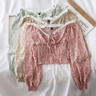 Boatneck Lace-trim Floral Crop Blouse