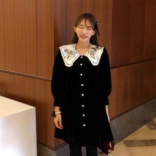 Lace-collar Faux-pearl Velvet Dress Black - One Size