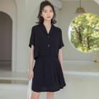Set: Elbow-sleeve Shirt + A-line Skirt Black - One Size