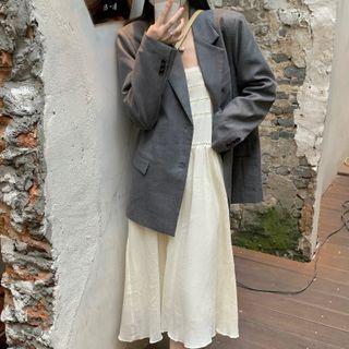 Double-breasted Blazer / Spaghetti-strap Midi A-line Dress