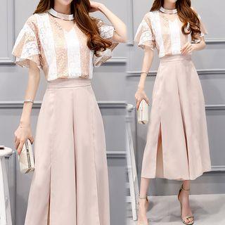 Set: Striped Lace Short-sleeve Top + Slit Wide Leg Pants