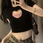 Short-sleeve Heart Cut-out Crop Top
