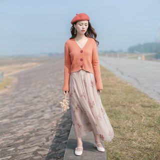Set: V-neck Cardigan + Maxi Floral Mesh Skirt