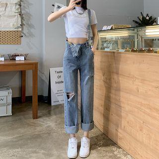 Asymmetrical Distressed Wide Leg Denim Dungaree