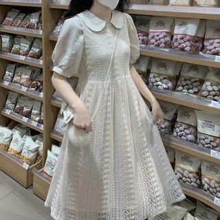 Short-sleeve Peter Pan Collar Midi A-line Dress Almond - One Size