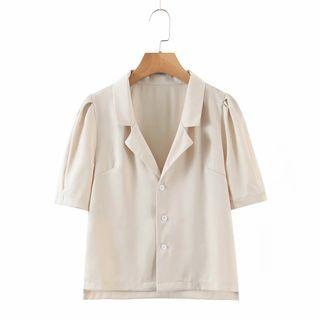Short-sleeve Notch Lapel Plain Blouse