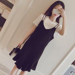 Set: Short-sleeve Top + Strappy Ruffle-hem Dress