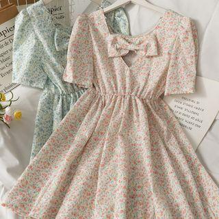 Ribbon-accent Floral Midi Dress