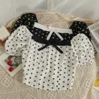 Off-shoulder Ribbon-accent Dotted Crop Top