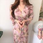 Long-sleeve Floral Print Midi Shift Dress Pink - One Size