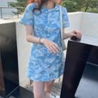 Short-sleeve Camo Button-up Denim Mini Dress