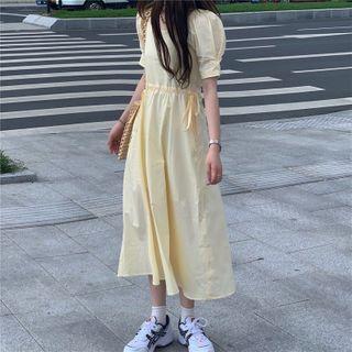 Puff-sleeve A-line Midi Dress Light Yellow - One Size