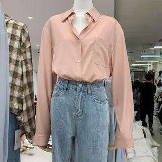 Long-sleeve Plain Square-neck Loose-fit Shirt