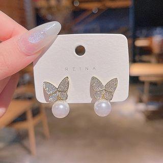 Butterfly Rhinestone Faux Pearl Earring 1 Pair - E3300 - Gold - One Size