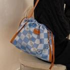 Denim Checkered Drawstring Tote Bag