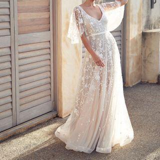 Short-sleeve A-line Lace Evening Gown