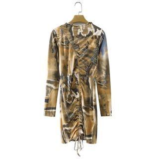 Long-sleeve Camouflage Print Drawstring Mini Bodycon Dress