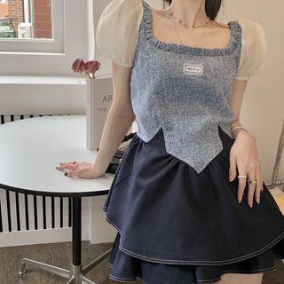 Puff-sleeve Square-neck Panel Layer Dress