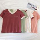 Lettering Embroidered V-neck Color-block Trim Slim-fit Short-sleeve Top