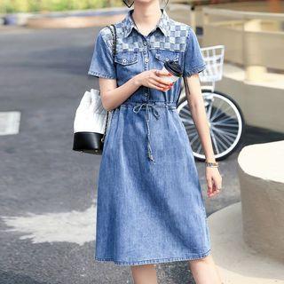 Short-sleeve Denim Check Shirt Dress