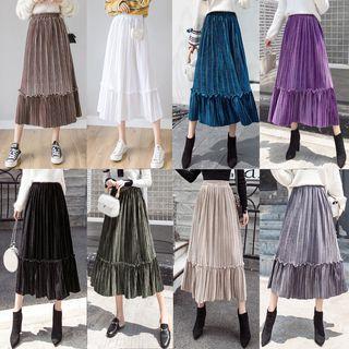 Ruffled Accordion Pleat Midi A-line Skirt
