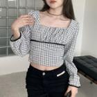 Check Square Neck Cropped Blouse