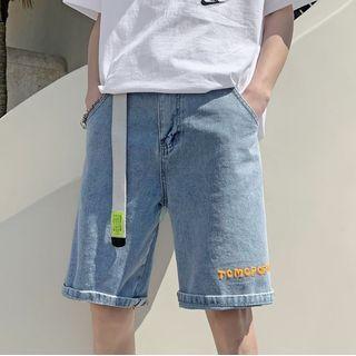 Letter Embroidered Straight Cut Denim Shorts