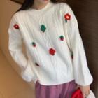 Round Neck Plain Cable Knit 3d Embroidered Sweater
