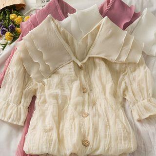 Layered Mesh-collar Ruched Chiffon Shirt