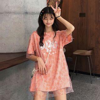 Mock Two-piece Elbow-sleeve Mesh Overlay T-shirt Pink - One Size