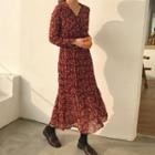 Long-sleeve Midi Floral Dress Red - One Size