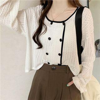 Contrast Trim Double-breasted Cropped Cardigan